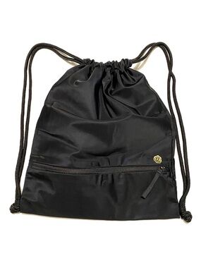 Lululemon Seawheeze Drawstring Backpack Black Gold Logo Gym Cinch Bag Travel Run